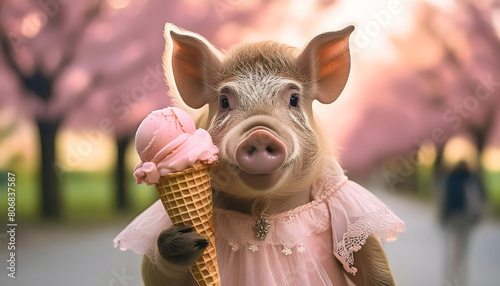 süsses, schwein, rosa, eis, creme, neu, Kleid, pink, waffel, Eisdiele, park, sommer, frühling, cartoon, spaßig, 1, ferkel, tutu, ballerina, potrait, minimal, pastell, soft, hörnchen, niedlich, konzept