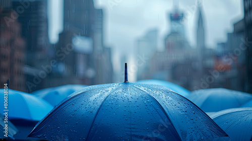 Blue umbrella in the rainy city