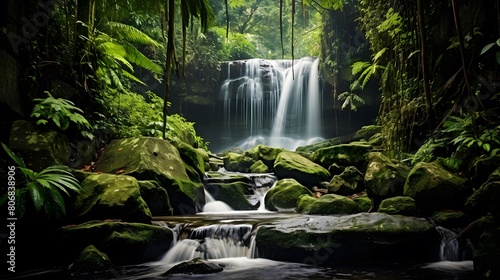 Panoramic view of waterfall in tropical rainforest, Bali, Indonesia