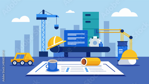 The blueprints rest patiently on a table waiting to be brought to life by the dedicated workers and their heavy machinery in the background.. Vector illustration