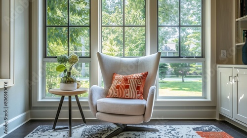 A reading nook bathed in natural light with an oversized window offering a serene view of the garden making it the perfect spot for quiet contemplation.