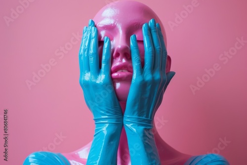 Striking art concept of a pink mannequin with blue hands covering its face on a pink background