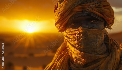 Recreation close up of a young touareg with the face occulted by a veil at sunset in the desert 