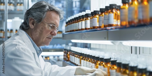 Pharmaceutical Quality Control, Scientist Inspecting Medication Vials in Laboratory