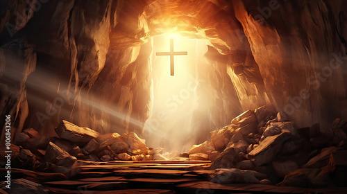 Easter Religious concept: Empty tomb stone with cross. Generative Ai illustration.