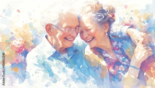 A watercolor clipart of an elderly couple smiling and embracing, with the man wearing glasses and the woman in colorful .