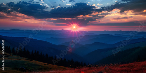 Sunset in the Mountains Landscape with Colorful Sky and Silhouette of Hills, Scenic Evening View of Mountain Range at Dusk, Tranquil Nature Scene, Generative AI