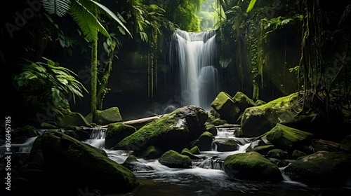 Panorama of a beautiful waterfall in the rainforest of Bali