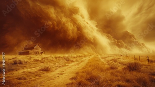 The image shows a sandstorm in the desert. The sky is dark and the sand is blowing everywhere. There is a house in the middle of the desert.