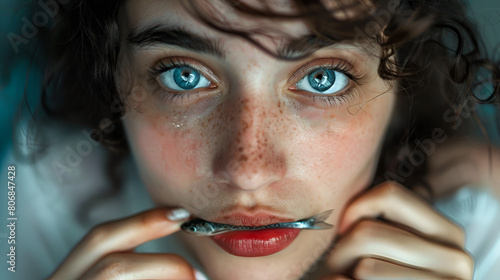 Bizarre Portrait of Woman Holding a Sardine Between Her Teeth, Eccentric Concept of Unconventional Beauty and Quirkiness, Surreal Fishy Fashion Statement, Generative Ai