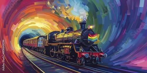 An old steam train adorned with Pride flags chugging through a rainbow tunnel, illustration style, in straight front portrait minimal.