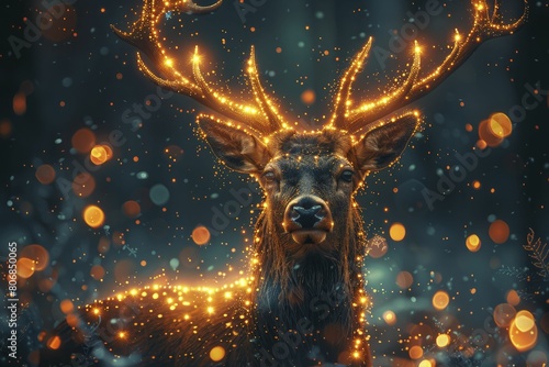 Deer with antlers that light up solar powered lanterns, blending wildlife with renewable energy, illustration style, in straight front portrait minimal.
