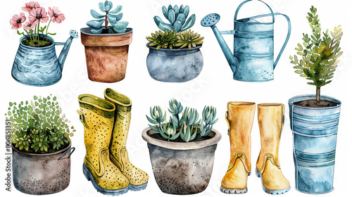 watercolor illustration of boots, watering can, greenhouseplant in the pot