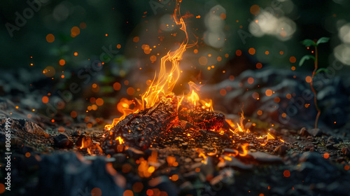 A teeny-tiny campfire with glowing embers and a friendly flame, crackling with warmth.