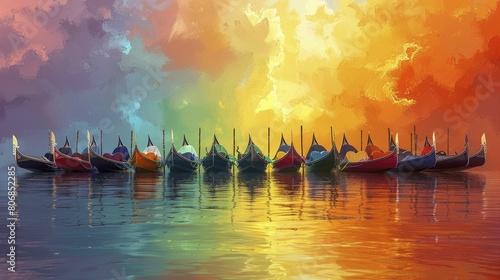 A traditional Venetian gondola parade, each boat decked out in different Pride flags, illustration style, in straight front portrait minimal.