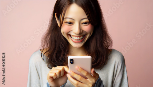 スマートフォンを見て驚き喜ぶ日本人女性