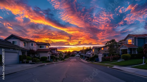A neighborhood, showcasing a classic dead-end street lined with luxury two-story single-family homes under a dramatic colorful sunset sky