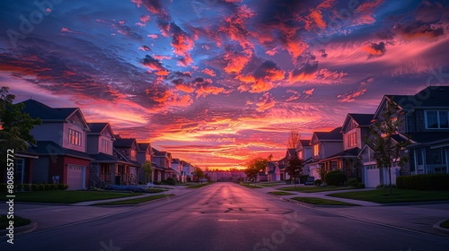 A neighborhood, showcasing a classic dead-end street lined with luxury two-story single-family homes under a dramatic colorful sunset sky