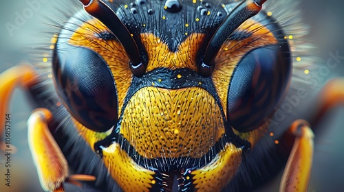 Extremely Detailed and Macro Close-Up Photo of a Wasp's Face Showing its Compound Eyes,Mandible,Antenna,and Exoskeleton Texture
