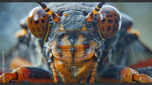 Close-Up Macro Photography of a Cicada's Intricate Facial Features and Exoskeleton Anatomy