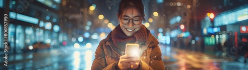 A woman on a city street at night, illuminated by street lights, joyfully looking at her mobile phone with a victory gesture, celebrating a personal milestone
