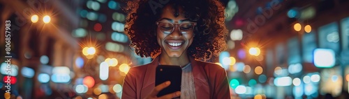 A woman on a city street at night, illuminated by street lights, joyfully looking at her mobile phone with a victory gesture, celebrating a personal milestone