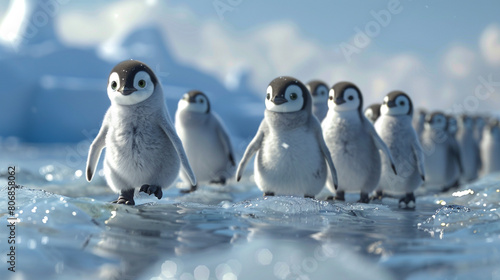 A row of baby penguins waddling clumsily across the icy terrain, their squishy faces and awkward movements evoking laughter and warmth.