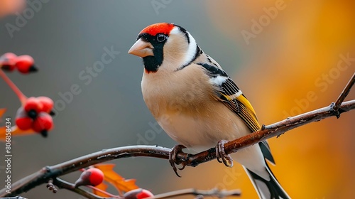 Goldfinch bird cute male with yellow color sitting on thin branch in forest