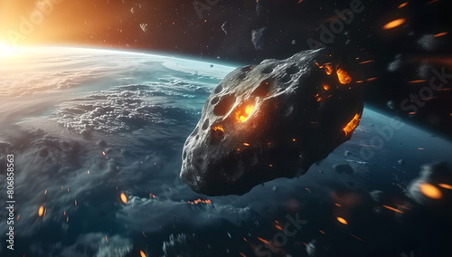 dramatic space scene of asteroid is coming to earth, cosmic impact, high-stakes astronomical event, planetary collision, contemporary metallurgy, Extinction of dinosaurs, mass destruction, threat 