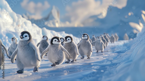 A row of baby penguins waddling clumsily across the icy terrain, their squishy faces and awkward movements evoking laughter and warmth.