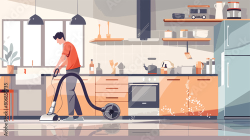 Young man with vacuum cleaner in kitchen style