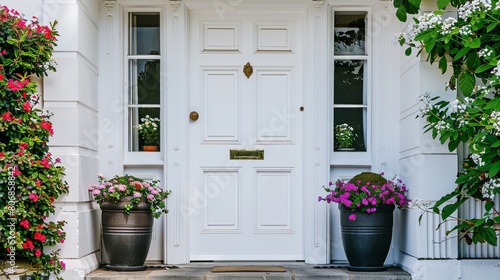 A white front door adorned with small square decorative windows and accompanied by flower pots