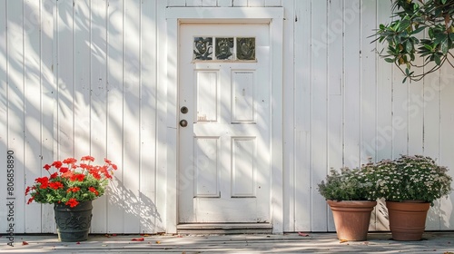 A white front door adorned with small square decorative windows and accompanied by flower pots