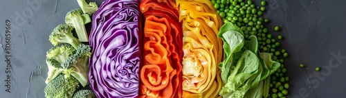 A top view of a crafted vegetable brain, with each hemisphere made from different colored veggies like purple cabbage and green peas, symbolizing cognitive wellness