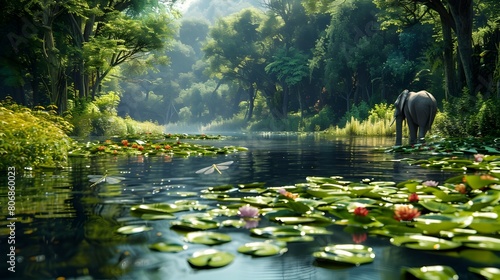 Tranquil Pond in a Summer Forest with Elephants,Water Lilies,and Dragonflies
