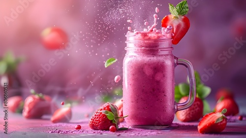 Energetic and Stylized Fruit Smoothie Bursting from a Mason Jar with Vibrant Strawberry Slices and Mint Leaves Floating in a Matte Lavender Backdrop