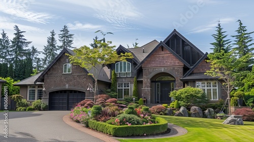 Suburban homes in North America during the summer, featuring upscale architecture and attractive landscaping