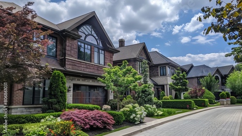 Suburban homes in North America during the summer, featuring upscale architecture and attractive landscaping