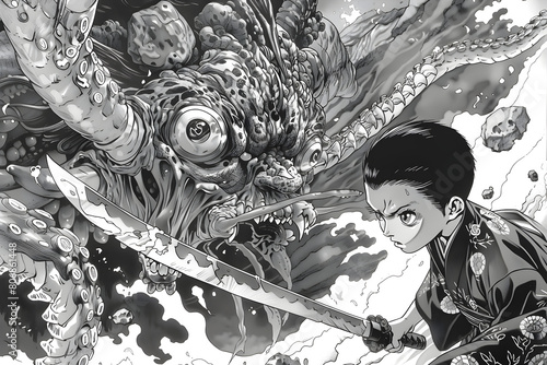 Ancient Warrior Boy Confronting Grotesque Tentacled Monster Amidst Misty Mountains In Manga Art