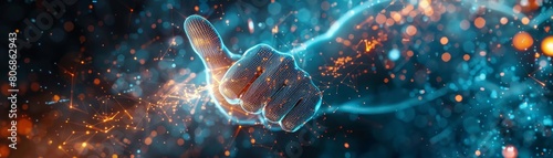 A holographic thumb up icon in the middle of a virtual reality interface, with interactive digital elements swirling around, highlighting the concept of approval in virtual communities