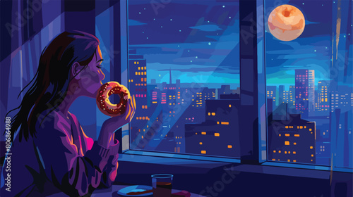 Young woman eating tasty doughnut at night style
