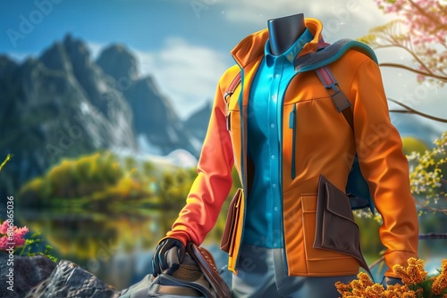 Outdoor apparel showcased on a mannequin against a simulated natural background for adventure gear marketing