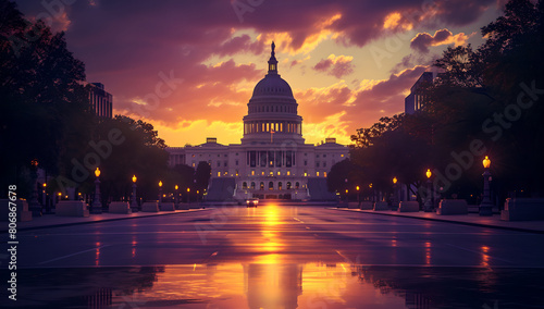 street city leads to capitol building seen at sunset, iconic architecture, dramatic cloudy sky, historic landmark, Washington D.C , road , cars and buildings
