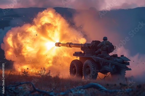 Artillery unit firing a howitzer in a simulated battle scenario, explosive action captured at dusk