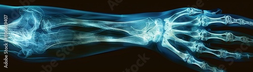 X-ray of a broken arm. The X-ray should show the bones, muscles, and tendons in the arm