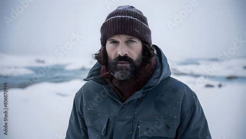 close-up portrait of middle aged men adventurer during winter