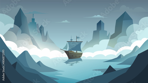 A ship sails through a dense fog relying on stoic principles to navigate through uncertain and unclear situations.. Vector illustration