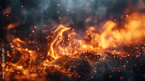Fiery Flames with Dynamic Particles, Sparks, and Smoke on a Dark Background, Intense Heat and Energy Concept, Generative Ai