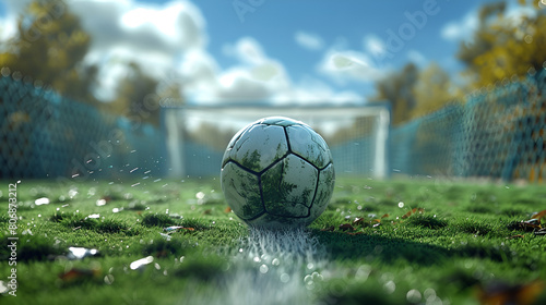 Soccer Football Goal Line with Green Grass Field Background, Sports Competition Concept, Generative Ai