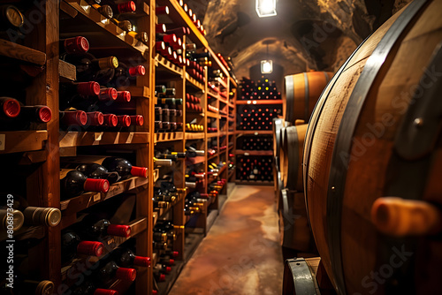 A narrow wine cellar filled with racks of wine as well as wooden wine barrels